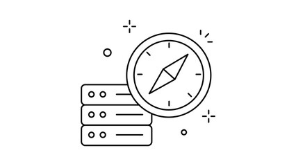 Service Discovery and Network Navigation Minimalist Black Line Vector Icon on White Background Featuring a Compass Over Data Server Units, Professional Editable Stroke Illustration for Tech. © MamunOr