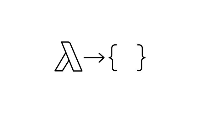 Minimalist serverless computing black line vector icon with editable stroke on white background, featuring a cloud function with lambda symbol and curly braces for software coding and programming.