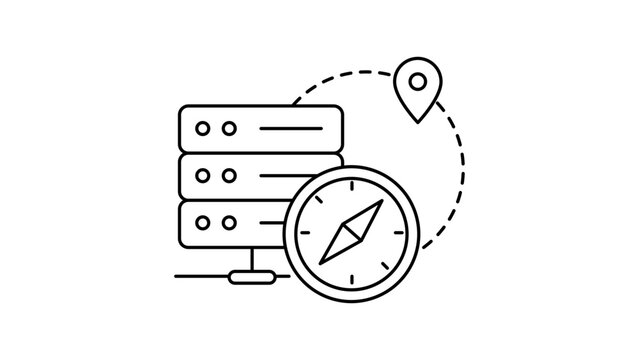 Service Discovery Vector Icon with Editable Stroke. Minimalist black line illustration of a server stack, compass, and location pin representing network navigation and IT infrastructure.