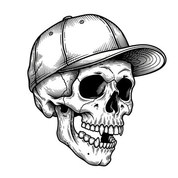 A detailed illustration of a skull wearing a baseball cap on its head