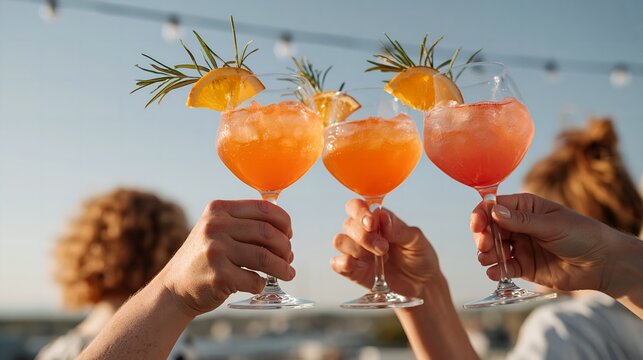 Sunlit hands clink sparkling orange cocktails. Roses and citrus garnish each glass with cheer