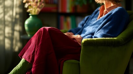 Fototapeta premium Woman relaxes in soft green armchair, bathed in golden light. Her hands rest gently on her lap