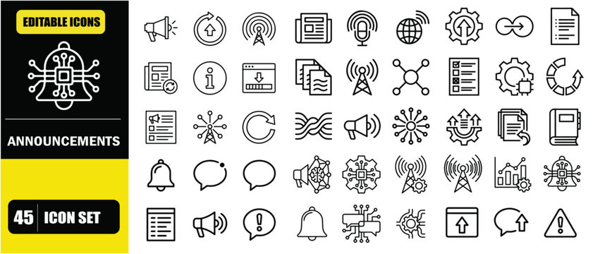 Announcements and Updates Icon Set &ndash; System Updates, News, Notifications, Information Broadcast, Release Notes and Communication Line Icons &ndash; Thin Line Editable Stroke Vector Illustration for UI UX, W