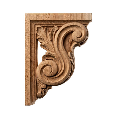 Ornate wooden corbel with scroll design isolated. Decorative architectural element.
