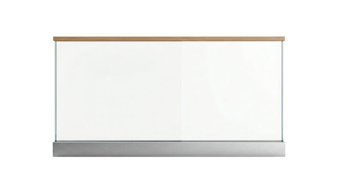 Glass railing panel with wooden trim isolated. Modern architectural balcony guard.