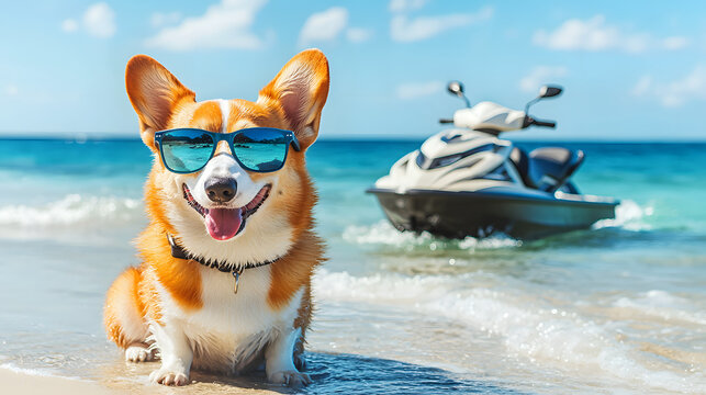 A corgi wearing glasses next to a jet ski on a tropical beach on a sunny day