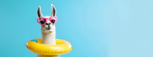 Fototapeta premium A stylish llama in sunglasses with an inflatable float against a clear blue studio background – space for text, a playful summer character