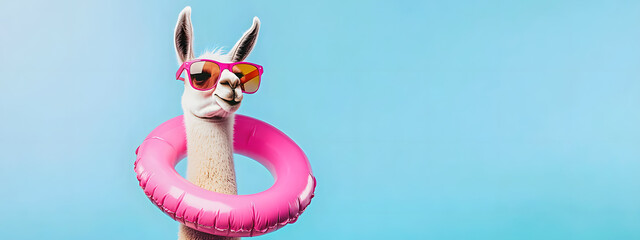 Fototapeta premium A llama in sunglasses holding an inflatable float against a blue studio background with space for text - playful animal concept, summer mood