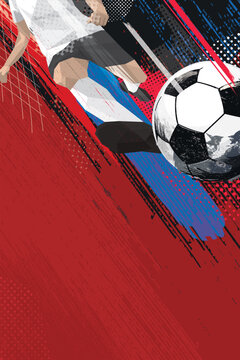 Soccer tournament promotion poster with player shooting the ball grunge texture punchy style red background vertical template have blank space.
