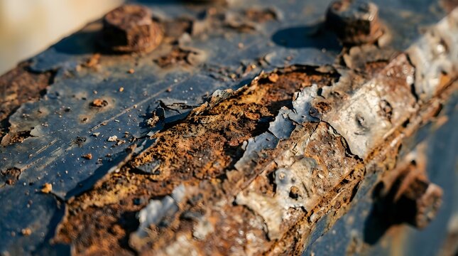 Close-up of a rusty, weathered metal surface with chipped paint and rivets, showing signs of.