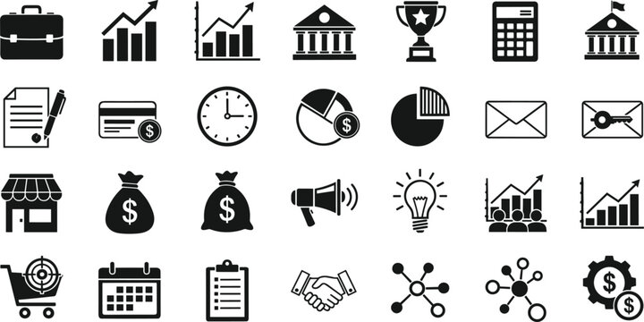 Business and finance mixed icons set including growth bank trophy calculator analytics money marketing communication workflow symbols