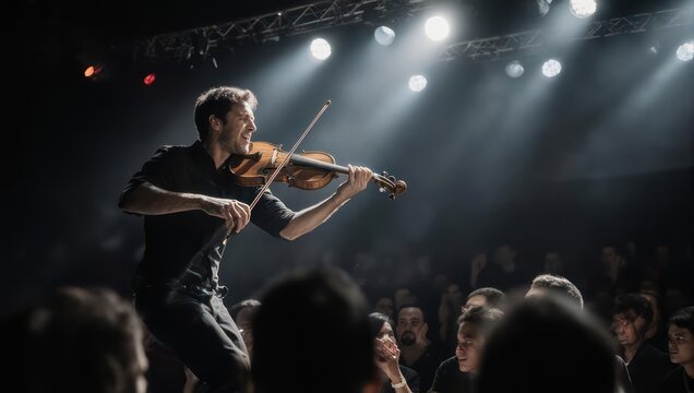 Violinist performing on stage with bright spotlights and audience.