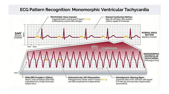 Ventricular Tachycardia : -  ECG Pattern Recognition: Monomorphic Ventricular Tachycardia  vs  Normal Sinus Rhythm