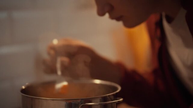 In a kitchen, a man examines the doneness of a vegetable stew by gently lifting a pumpkin piece with a fork to taste. He checks if it's cooked to perfection