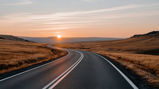 Sun dips low over winding road through golden fields. Sky blushes warm tones at dusk's edge