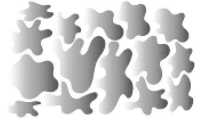 Fototapeta premium Halftone freeform set. Black dotted gradient stripe. Half tone textured puddle pack for divide and separate. Vector noise dots and particles strips
