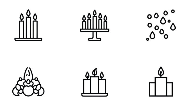 Candle Icons Set: A collection of minimalist line art icons representing candles in various forms, including single lit candles, candelabras, and decorative arrangements.