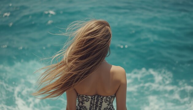 There is a woman that is standing in the water with her back to the camera