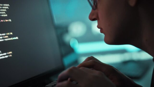 Large monitor glows in dimly lit room as bespectacled programmer types rapid code, harnessing artificial intelligence to accelerate development. The night setting underscores focus and tech workflow