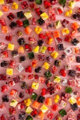 Fototapeta premium Ice cubes with frozen berries and fruits and mint on a pink background