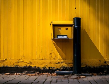 A modern yellow mailbox with a sleek black pole mounted on a bright yellow industrial wall