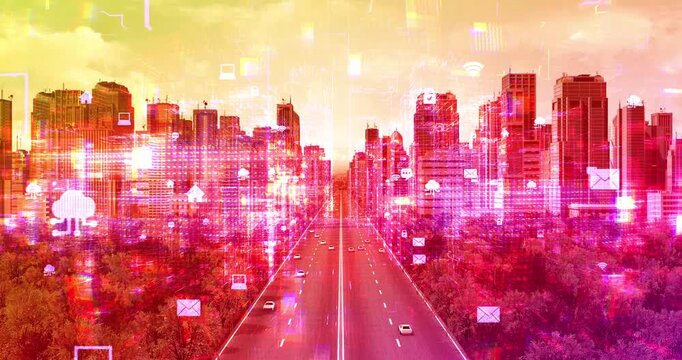 Futuristic metropolis with digital connectivity icons and wireframe architecture. Technology Related 3D Animation.