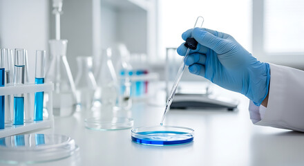 Fototapeta premium Scientist in blue glove using dropper with blue liquid in petri dish during a laboratory experiment