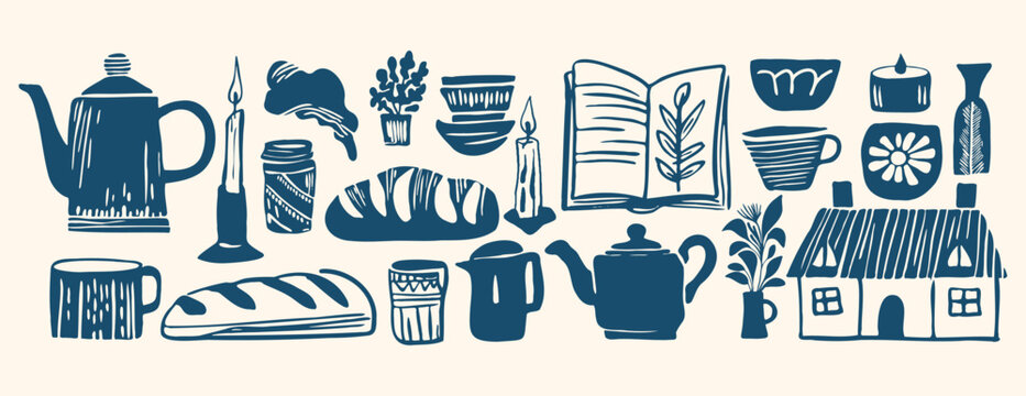 Cosy cottagecore collection of linocut icon element set featuring a teapot, bread, house, and candle in a rustic indigo drawn aesthetic