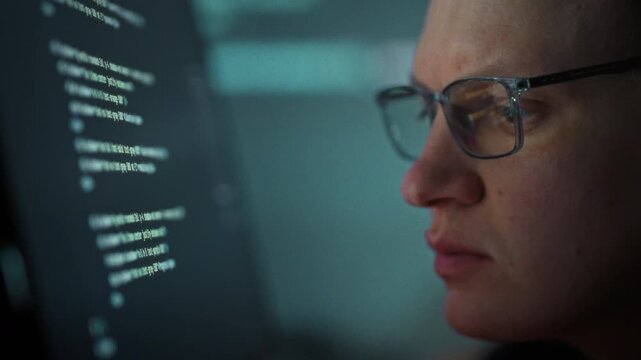 Programmer with glasses sits at his desktop PC, using artificial intelligence to generate code rapidly, boosting productivity streamlining development process. In quiet office, showing modern tech