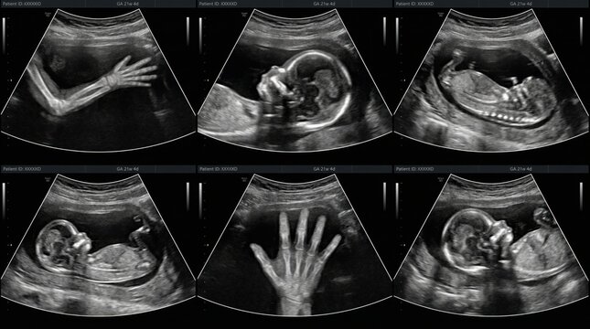 Fetal Development Montage: A series of six ultrasound images showcasing the intricate journey of fetal development, from tiny limbs and a forming hand to a recognizable baby profile.