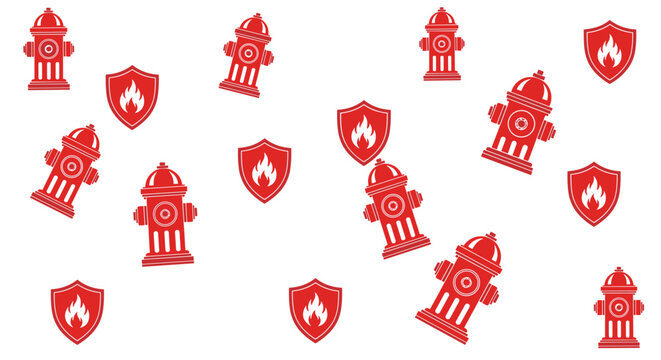 A repeated pattern of bold red fire hydrant icons alternating with red safety shield icons featuring flame symbols against a plain white studio background.