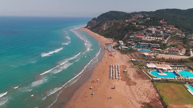 Aerial Top Down View of Agios Stefanos Beach Shoreline with Turquoise Ionian Sea in Corfu