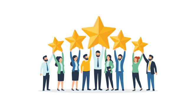 A group of eight diverse business professionals stand in a straight line while holding five large golden star shapes against a clean light studio background.
