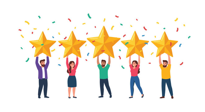 A group of five diverse people holding large golden star icons above their heads amidst colorful confetti on a clean white background in a celebratory flat design style.