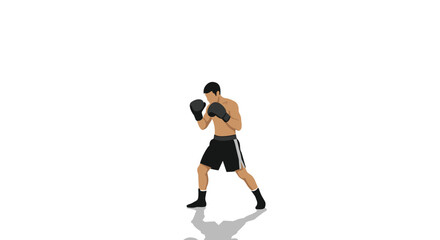 Fototapeta premium A shirtless male boxer wearing black shorts and gloves maintains a focused defensive fighting stance against a stark and clean white background with subtle shadow.