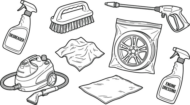 Car cleaning equipment set including pressure washer vacuum brush spray bottles cloths detailed vector illustration for automotive maintenance use