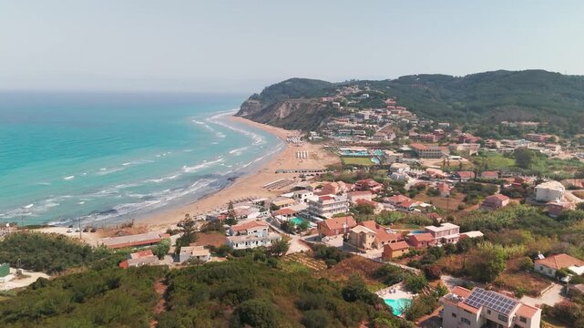 Aerial Drone Flight Over Agios Stefanos Avliotes Golden Beach and Turquoise Waters in Corfu Greece