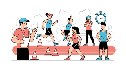 Fototapeta premium Sports Coach Training Young Athletes Running Race on Track with Stopwatch