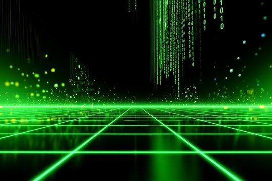 Green neon grid with binary code and particles on black background