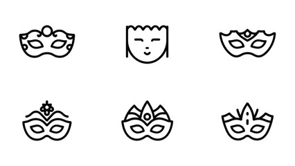 Mask Icons Collection: A set of stylized line art icons featuring various decorative masks, including tiaras and elaborate masquerade designs. © abidakhatun