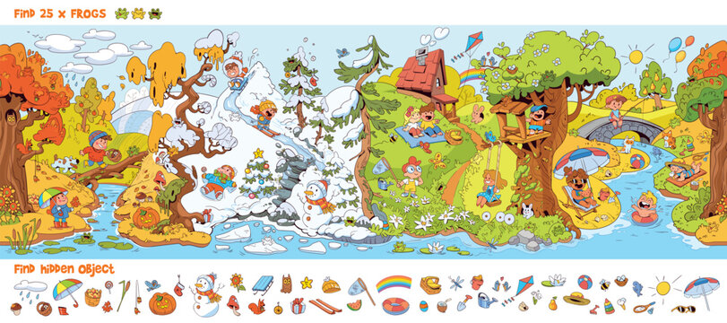 Colorful children hidden object puzzle featuring four seasons in one panoramic scene. Kids play and search for items across winter, spring, summer, and autumn landscapes. Seamless panorama
