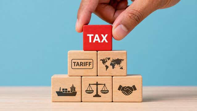 Hand placing red tax block over wooden cubes showing tariff global map shipping import export scales and handshake representing international trade duty customs global commerce