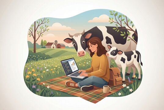 Female programmer coding on meadow blanket while curious farm cow and calf inspect computer laptop screen