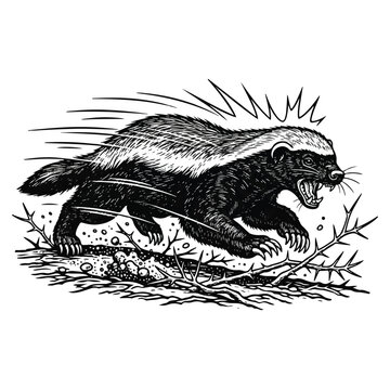Furry angry badger running fast outside.