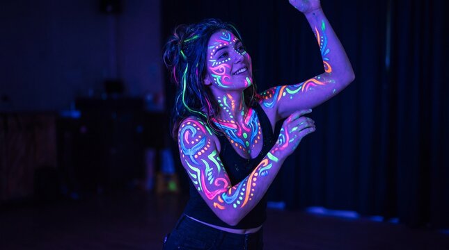 Glow in dark body paint neon face art woman dancing blacklight party vibrant color creative makeup festival nightlife expressive joyful celebration artistic expression