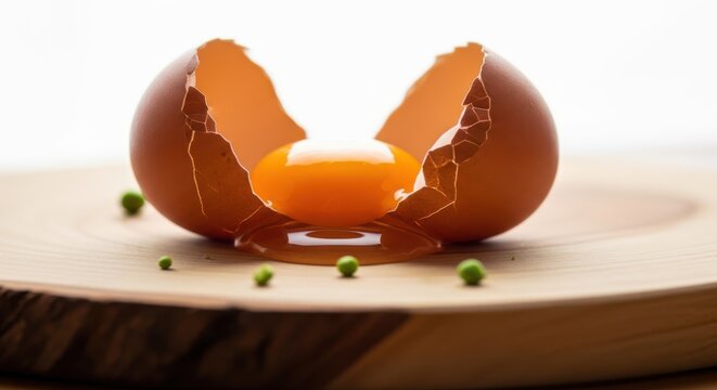Cracked hard boiled egg with yolk oozing out on wooden surface