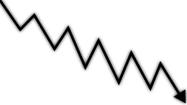 Dark glowing down arrow animation symbolizing market decline and negative trend. Ideal for financial visuals, charts, and business overlays in modern video projects alpha channel