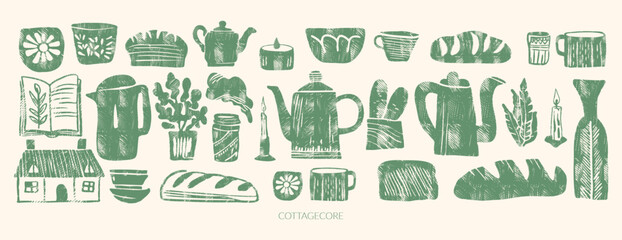 Cottagecore linocut woodcut engraved naive doodle vector set with rustic kitchen bread teapot collection in cozy farmhouse style © Maria Petrish