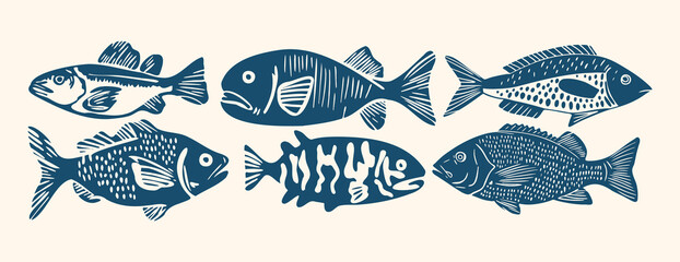 Nautical vector set of mediterranean fish in a hand drawn linocut stamp style with a grunge ink texture © Maria Petrish