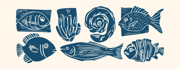 Nautical vector set of mediterranean fish and seashells in a hand drawn linocut stamp style with a grunge ink texture © Maria Petrish